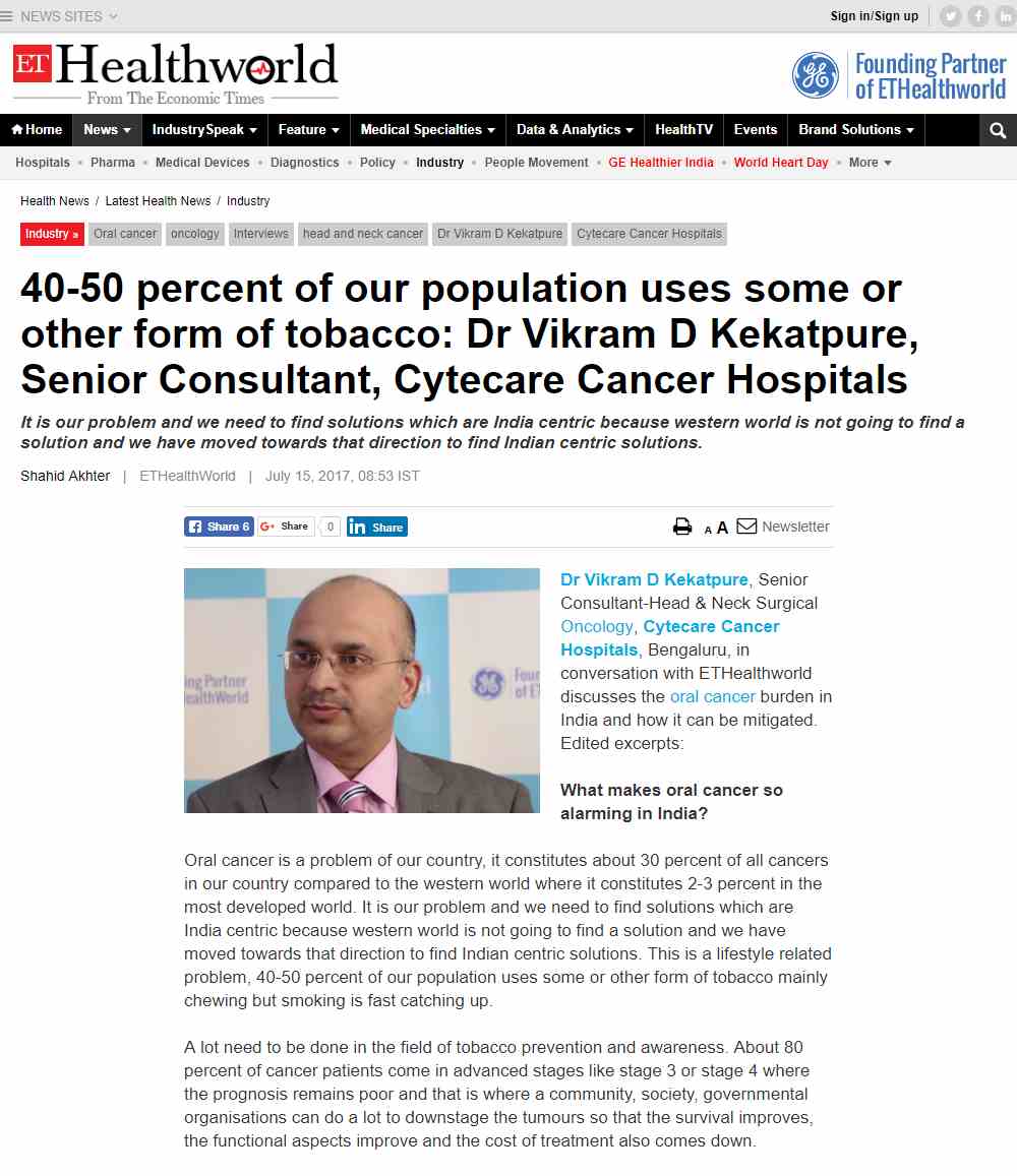 Media: Oral Cancer Burden in India by Dr. Vikram Kekatpure