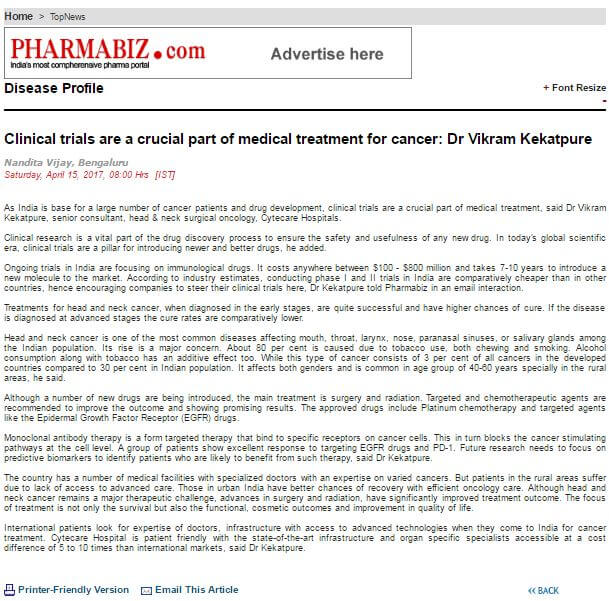 Clinical trials are a crucial part of medical treatment for cancer: Dr. Vikram Kekatpure