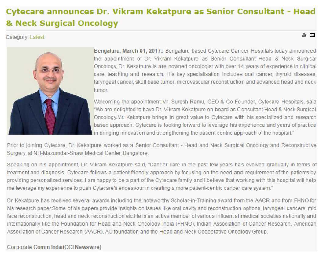 Cytecare announces Dr. Vikram Kekatpure as Senior Consultant