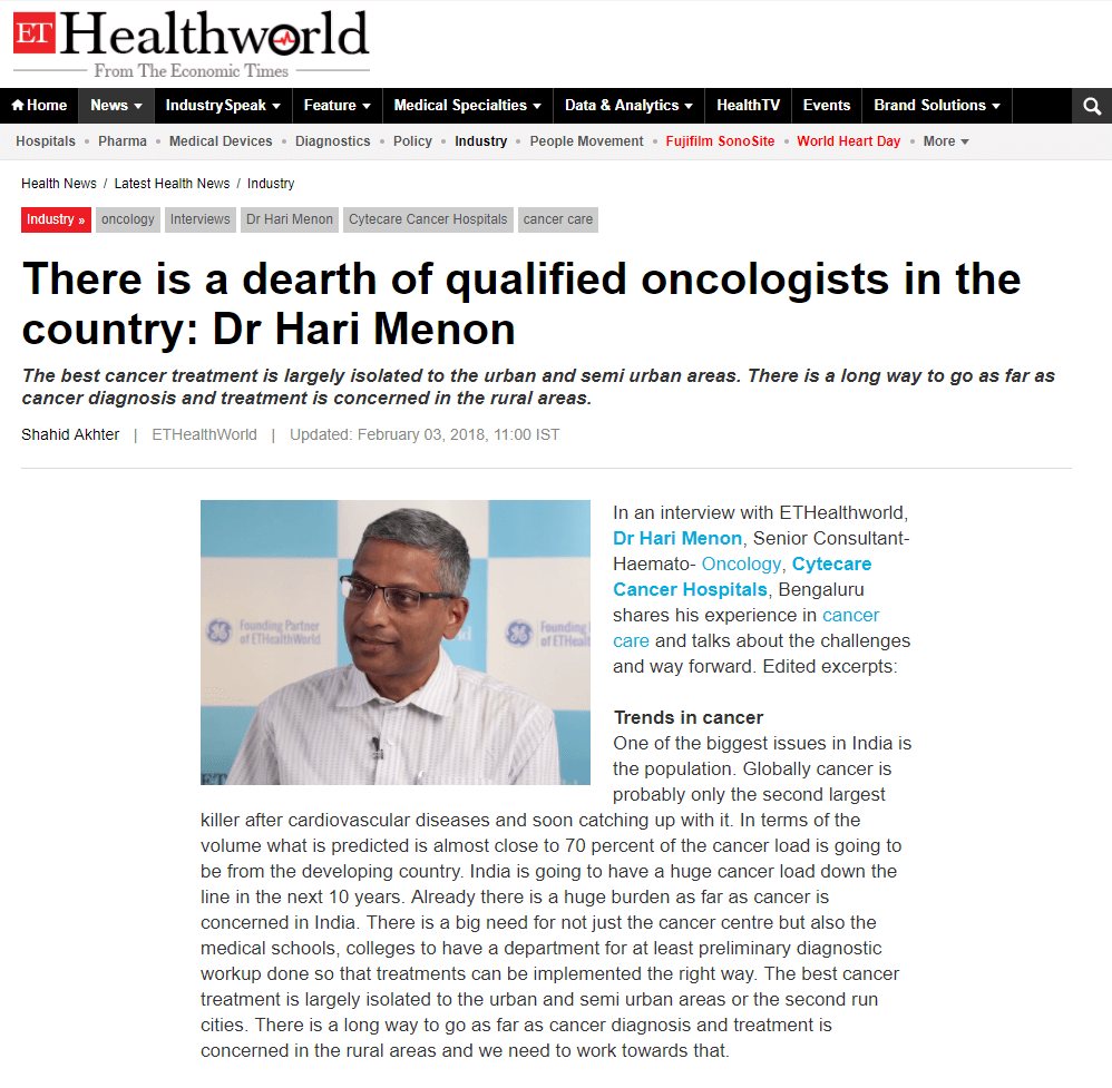 There is a dearth of qualified oncologists in the country: Dr. Hari Menon