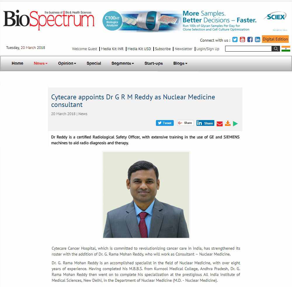 Cytecare appoints Dr G Rama Reddy as Nuclear Medicine consultant