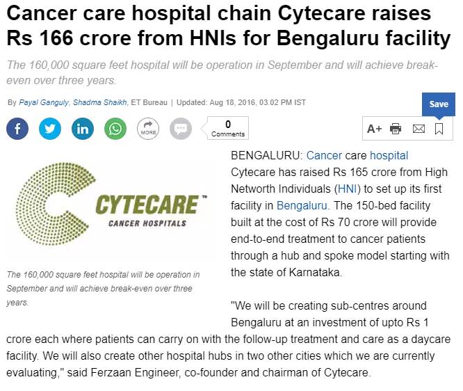 Cytecare Raises Rs 166 Crore from HNIS for Bengaluru Facility