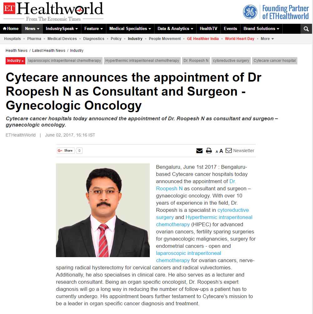 Cytecare announces the appointment of Dr Roopesh N as Consultant and Surgeon- Gynecologic Oncology