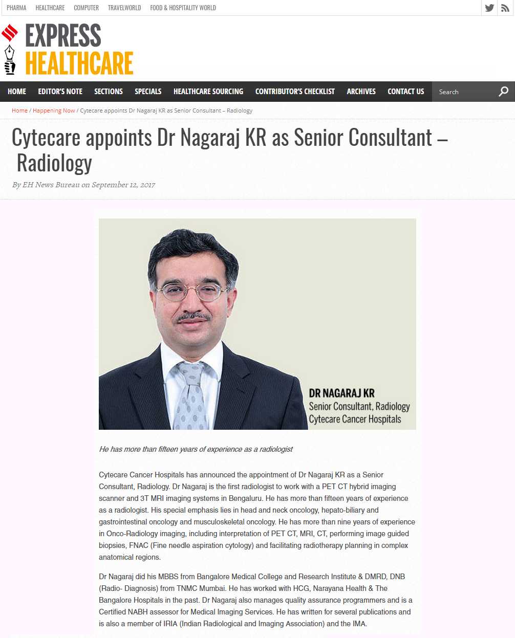 Cytecare appoints Dr Nagaraj KR as Senior Consultant- Radiology