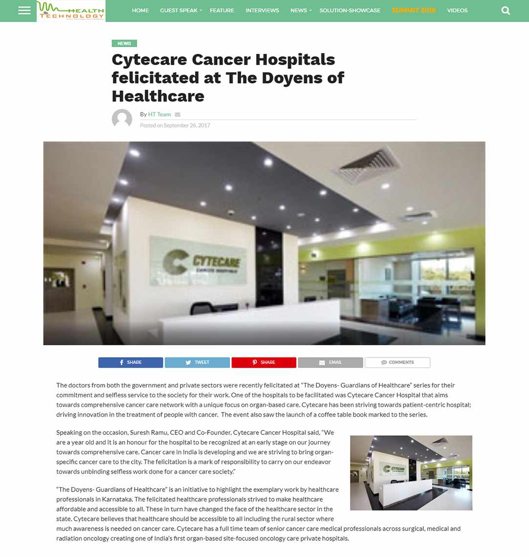 Cytecare Cancer Hospitals felicitated at The Doyens of Healthcare