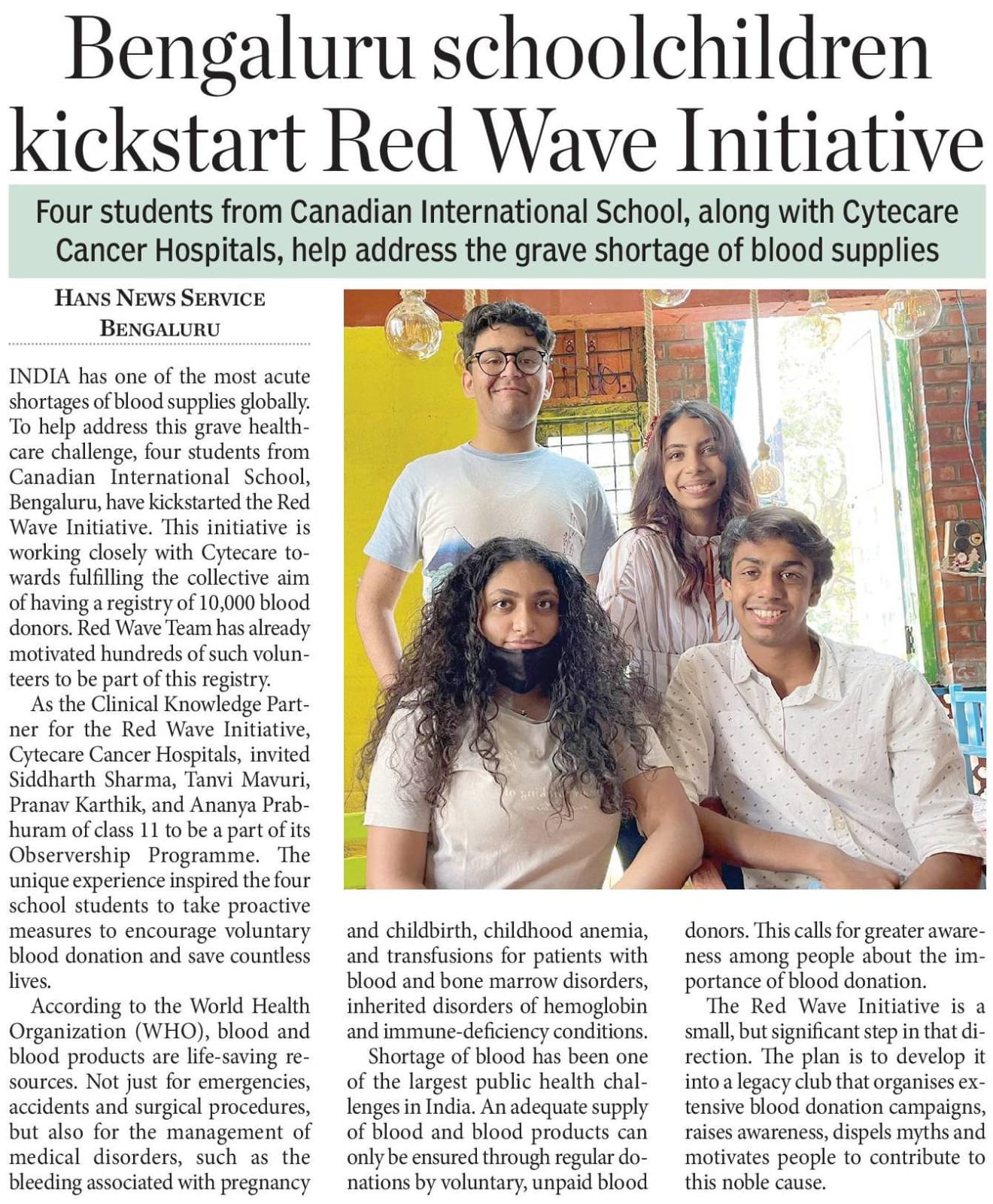 Bengaluru students kick start red wave initiative - Hans India
