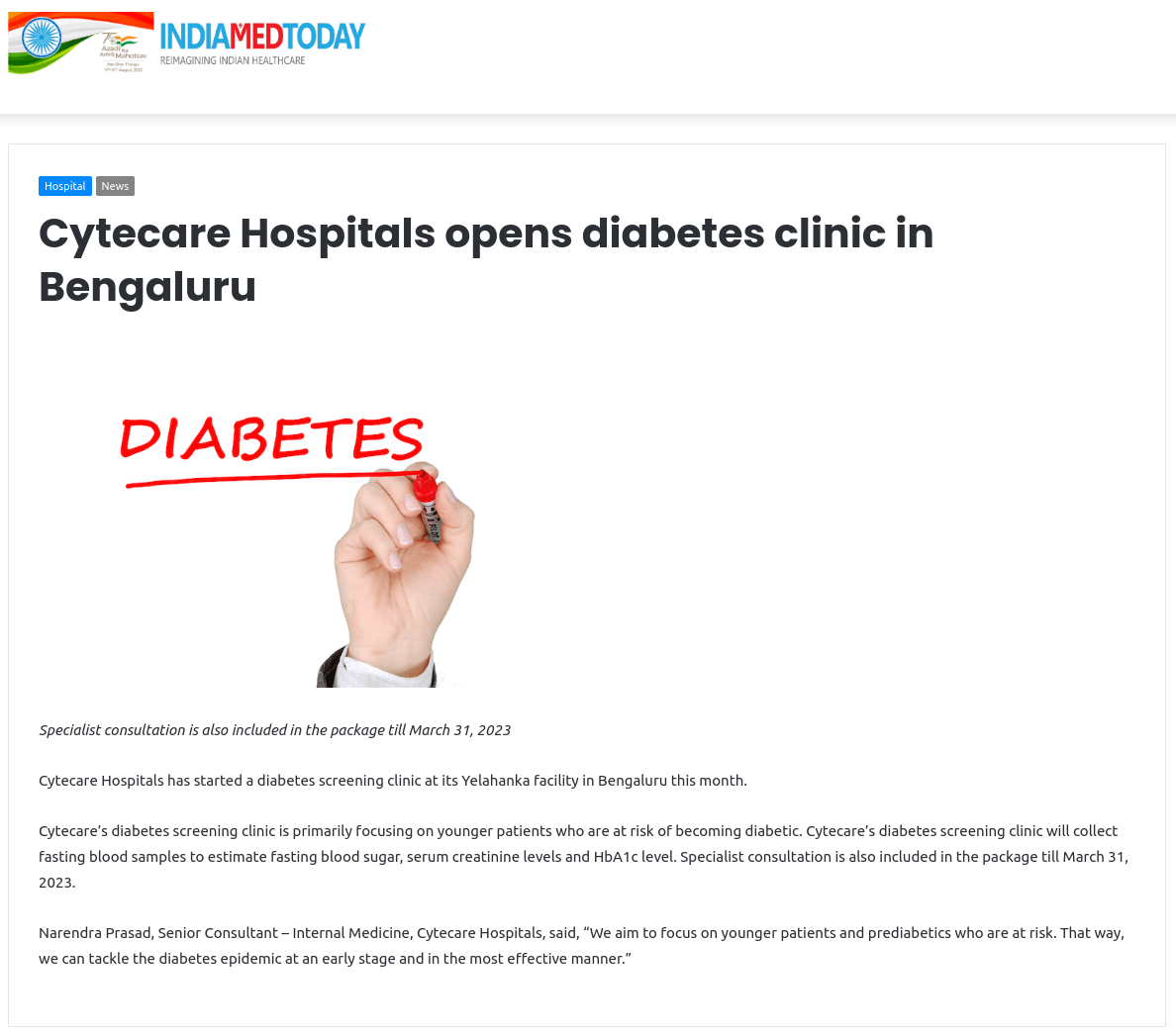 Cytecare Hospitals Opens diabetes clinic in Bengaluru