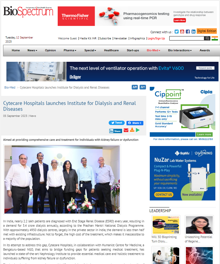 Cytecare Hospitals Launches Institute for Dialysis and Renal Diseases