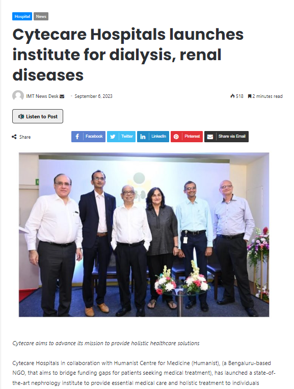 Cytecare Hospitals Launches institute for dialysis, renal diseases - IndiaMedToday