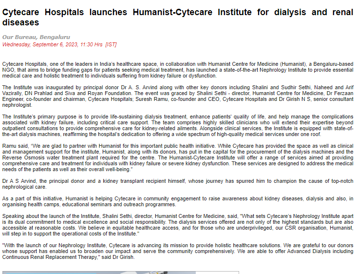 Humanist-Cytecare Institute for Dialysis and Renal Diseases -PharmaBiz