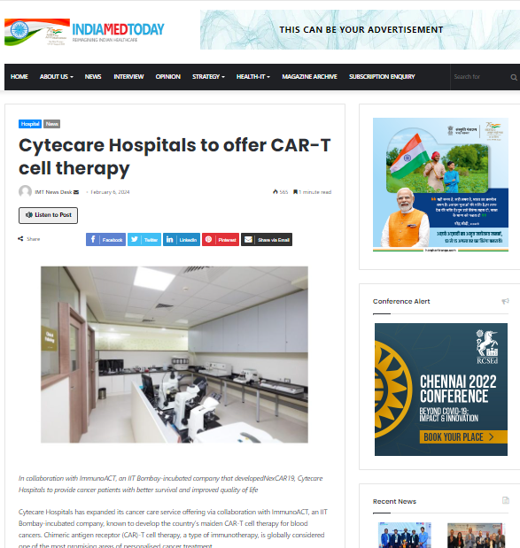 Cytecare Hospitals to Offer CAR-T Cell Therapy - India Med Today